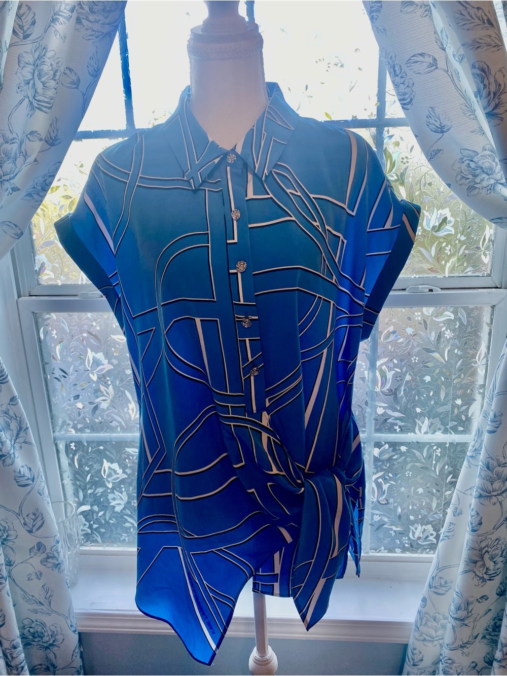Karl Lagerfeld Blue Geometric Print Tie-Front Blouse